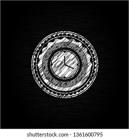clock, time icon inside chalkboard emblem written on a blackboard