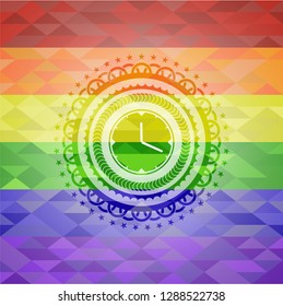 clock, time icon inside emblem on mosaic background with the colors of the LGBT flag
