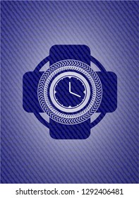 clock, time icon inside emblem with jean background