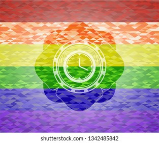 clock, time icon inside emblem on mosaic background with the colors of the LGBT flag