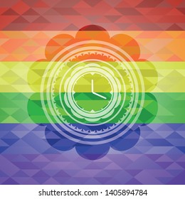 clock, time icon inside emblem on mosaic background with the colors of the LGBT flag
