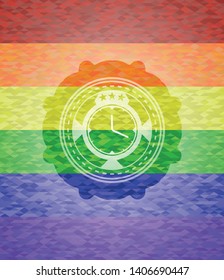 clock, time icon inside emblem on mosaic background with the colors of the LGBT flag