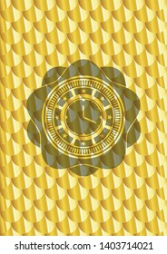 clock, time icon inside gold badge or emblem. Scales pattern. Vector Illustration. Detailed.