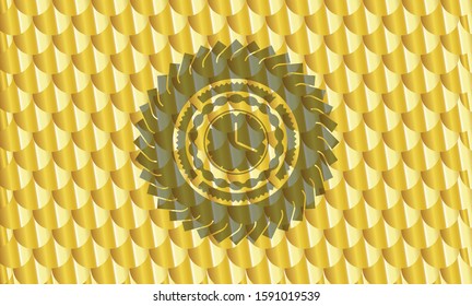 clock, time icon inside gold emblem or badge. Scales pattern. Vector Illustration. Detailed.