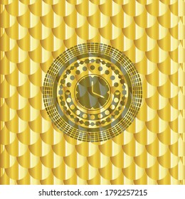 clock, time icon inside gold badge. Scales pattern. Vector Illustration. Detailed. 