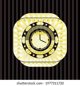 clock, time icon inside gold emblem. 