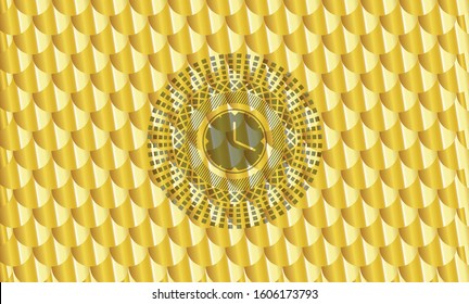 clock, time icon inside golden emblem or badge. Scales pattern. Vector Illustration. Detailed.