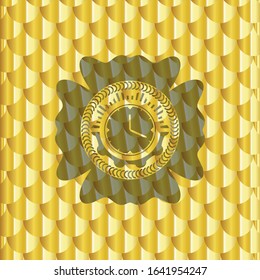 clock, time icon inside golden badge. Scales pattern. Vector Illustration. Detailed.