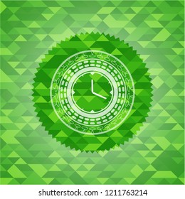 clock, time icon inside green emblem. Mosaic background