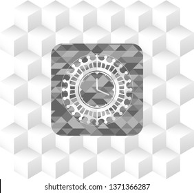 clock, time icon inside grey emblem. Retro with geometric cube white background