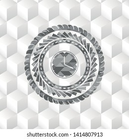 clock, time icon inside grey emblem. Retro with geometric cube white background
