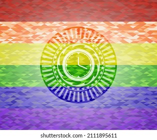 clock, time icon inside lgbt colors emblem. 