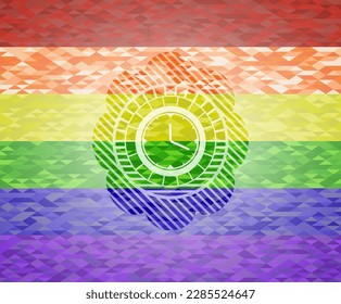 clock, time icon inside lgbt colors emblem. 