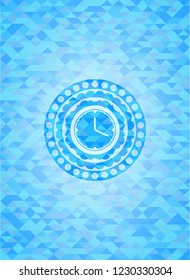 clock, time icon inside light blue emblem with triangle mosaic background