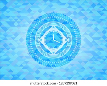 clock, time icon inside light blue emblem with mosaic background