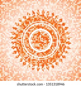 clock, time icon inside orange tile background illustration. Square geometric mosaic seamless pattern with emblem inside.