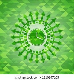 clock, time icon inside realistic green emblem. Mosaic background