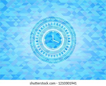clock, time icon inside realistic light blue emblem. Mosaic background