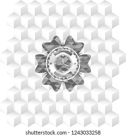 clock, time icon inside realistic grey emblem with cube white background
