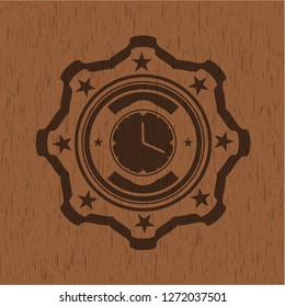 clock, time icon inside realistic wood emblem
