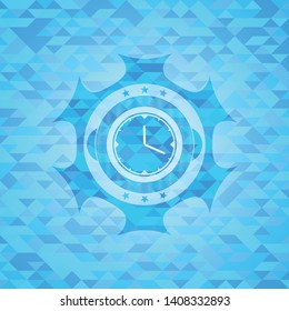 clock, time icon inside realistic light blue emblem. Mosaic background