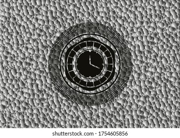 clock, time icon inside realistic black emblem with grey bubbles background. Vector Illustration. Detailed. 