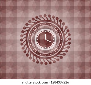 clock, time icon inside red seamless emblem or badge with geometric pattern background.
