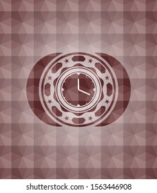 clock, time icon inside red seamless badge with geometric pattern.