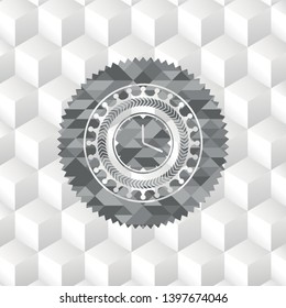 clock, time icon inside retro style grey emblem with geometric cube white background