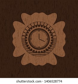 clock, time icon inside retro style wooden emblem