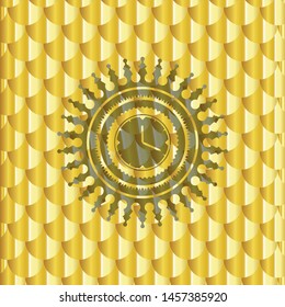 clock, time icon inside shiny golden emblem. Scales pattern. Vector Illustration. Detailed.