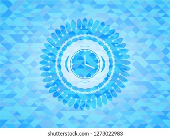 clock, time icon inside sky blue emblem. Mosaic background