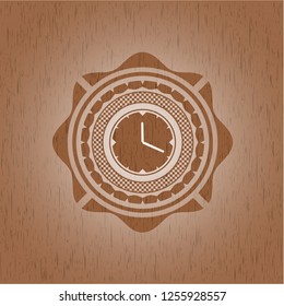 clock, time icon inside vintage wooden emblem