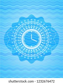 clock, time icon inside water style emblem.