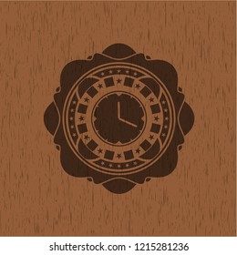clock, time icon inside wood emblem. Vintage.