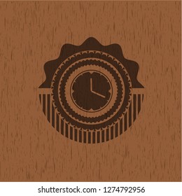 clock, time icon inside wooden emblem