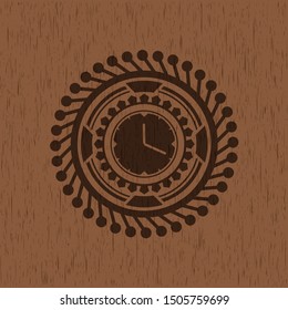 clock, time icon inside wooden emblem. Vintage.