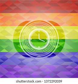 clock, time icon on mosaic background with the colors of the LGBT flag