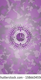 clock, time icon on pink camouflaged texture