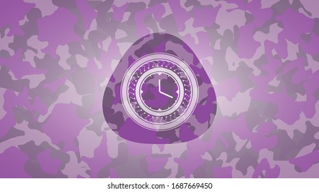 clock, time icon on pink and purple camouflage texture