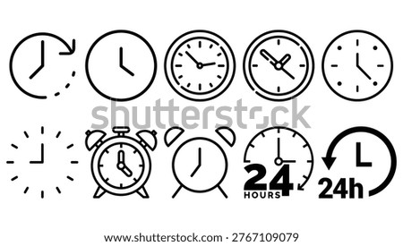Clock and Time Icon Set – Alarm Clock, Wall Clock, 24 Hours Symbol, Timer and Schedule Line Icons Collection