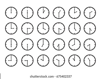 Clock time icon set for every hour and every half hour time.