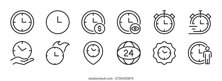 Clock, time icon set. Watch black line icons. Stopwatch, alarm, 24 hours, time is money, planet earth sign. Vector illustration. Flat design. Isolated on a white background. Editable stroke.