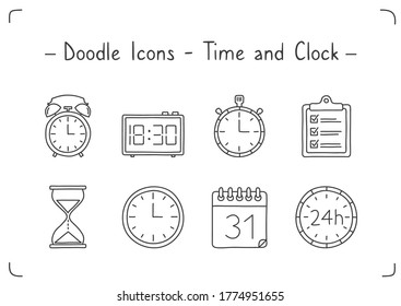 Clock and time icons, handdrawn doodle style, vector eps10 illustration