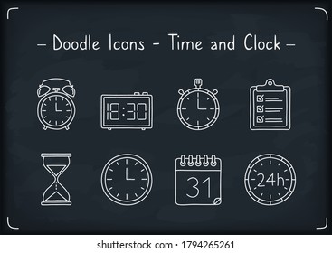 Uhren und Zeitsymbole, handgezeichneter Doodle-Stil, Vektoreps10-Illustration
