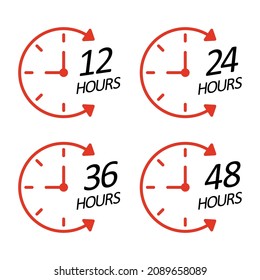 Clock time icons labels 12 24 36 48 hours. Black red. Countdown to the holiday event sale. Reminder hour. Vector illustration on white background