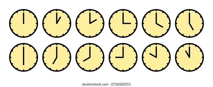 Uhrzeitsymbole mit unterschiedlichen Stunden und Minuten mit minimalen analogen Uhrgesichtspunkten für Zeitmanagement, Zeitplanung, Terminverfolgung, Produktivitätskonzepte und Benutzeroberflächendesign