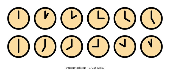 Ícones de Tempo do Relógio Definidos Mostrando Horas e Minutos Diferentes com Faces de Relógio Analógicas Mínimas para Gerenciamento de Tempo, Planejamento de Programação, Rastreamento de Prazo, Conceitos de Produtividade e Design da Interface do Usuário