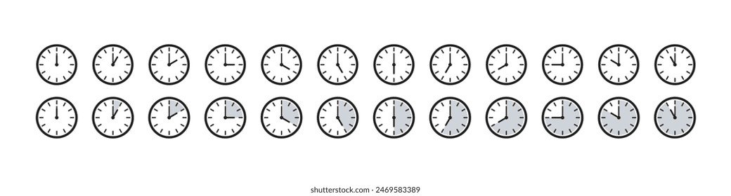 Iconos de reloj y hora establecidos. Colección de iconos de temporizadores. Ilustración vectorial.