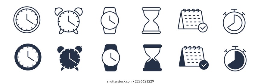 Iconos de reloj y hora. Ilustración gráfica vectorial. Para diseño de sitios web, logotipo, aplicación, plantilla, ui, etc.
